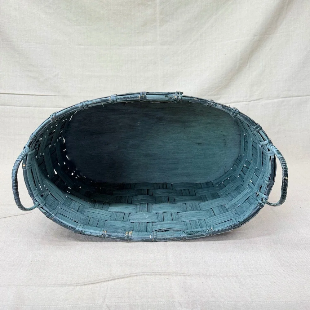 Vintage Dark Green Wicker Storage Basket Oval Handled Basket Cottage Decor